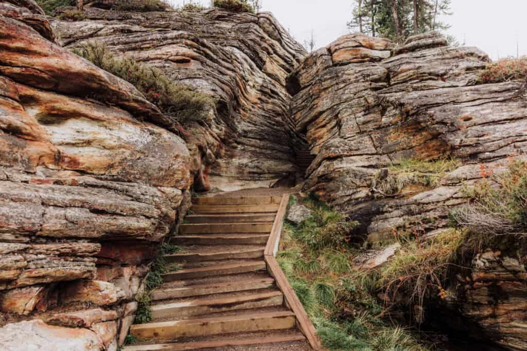 The stairs through the rocks at Athabasca