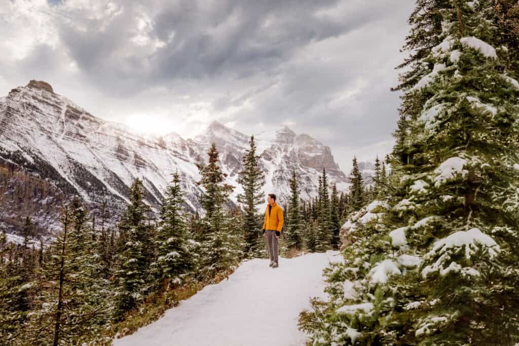 Jared Dillingham hiking from Lake Louise to Lake Agnes, up the Big Beehive Trail