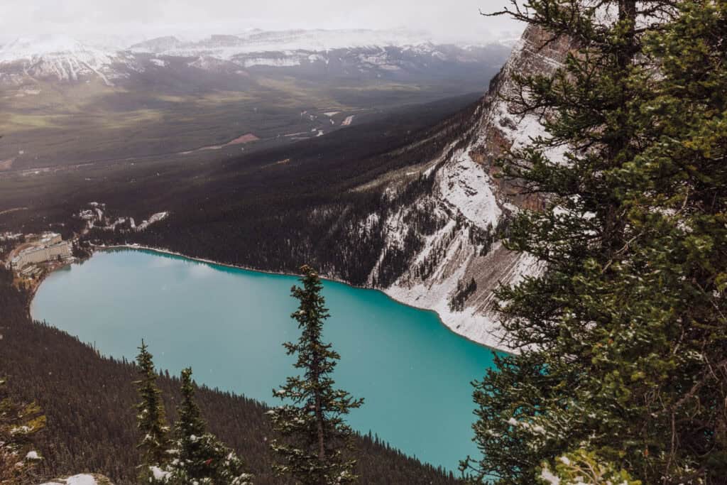 A view of Lake Louise in Alberta, from the peak of the Big Beehive Hike