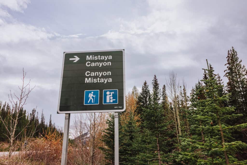 A sign on the Icefields Parkway for the Mistaya Canyon hike