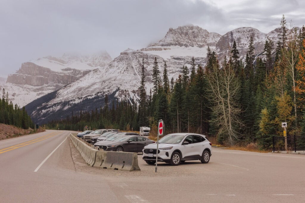 The parking lot off the Icefields Parkway for the Mistaya Canyon Trailhead