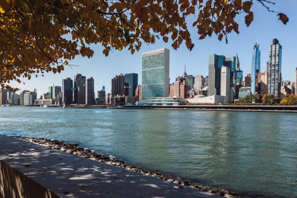 A view of the UN building and the Manhattan skyline in autumn from Roosevelt Island