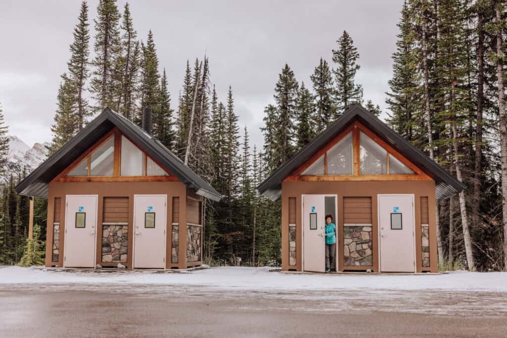 The bathrooms are vaulted toilets at the trailhead of Peyto Lake and Bow Summit