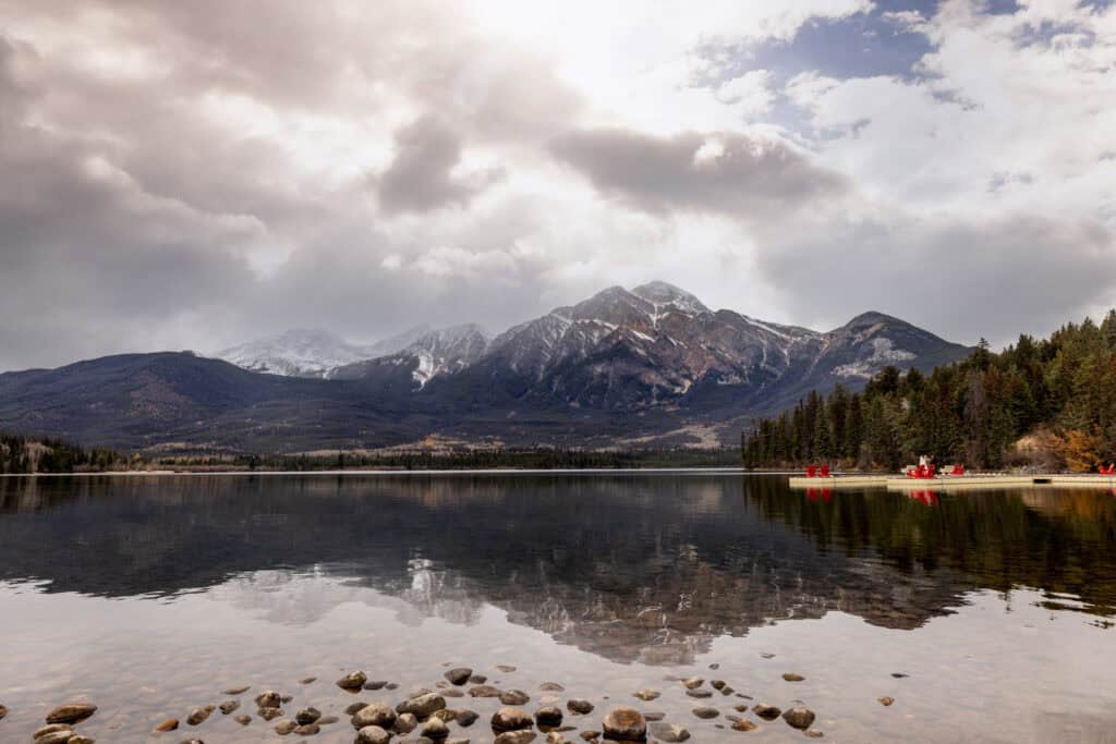 Pyramid Mountain, reflecting in a glassy Pyramid Lake