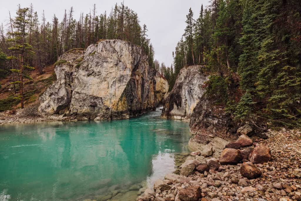 A turquoise glacial lake, near Sunwapta Falls