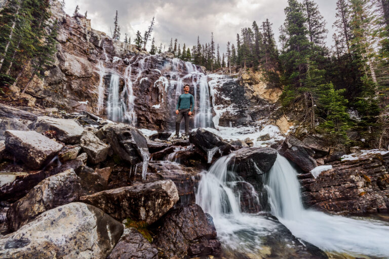 Jared Dillingham at Jasper National Park in November, visiting one of the waterfalls along the Icefields Parkway