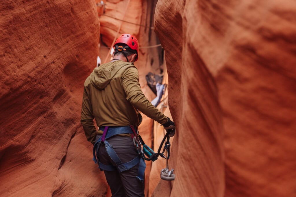 A narrow passage on the via ferrata in Antelope Canyon