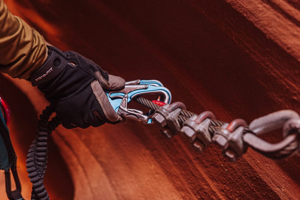 The steel lines and clips in the via ferrata at Antelope Ridge