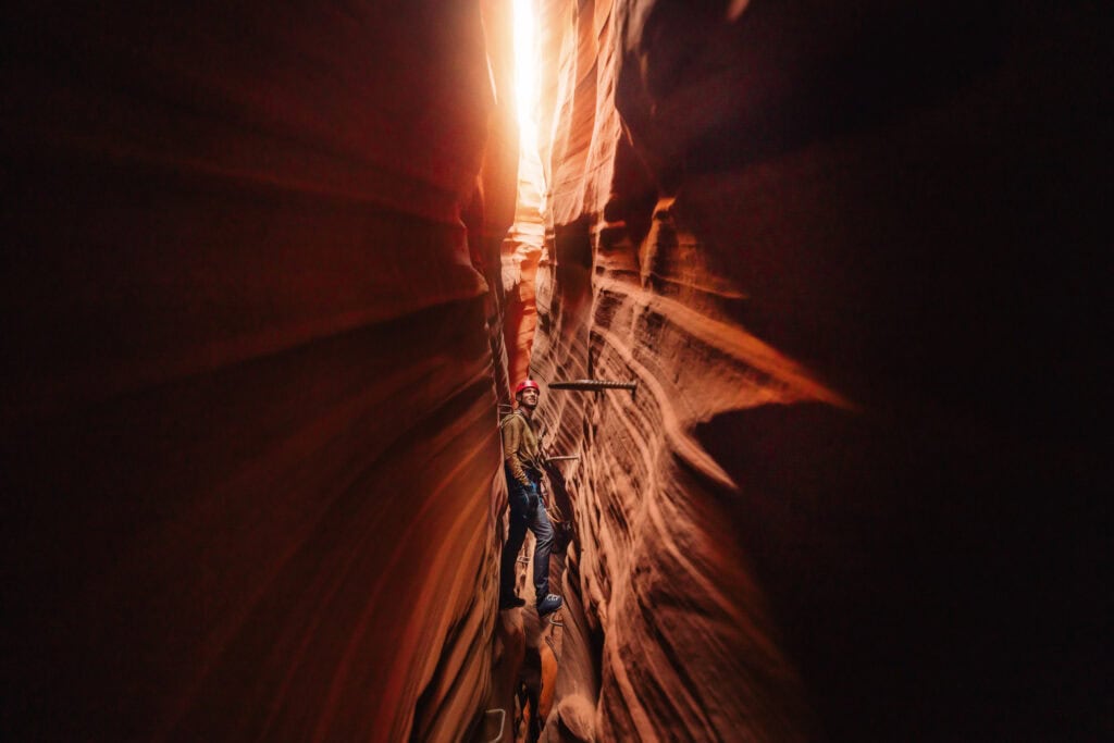 Jared Dillingham on the via ferrata inside Antelope Canyon