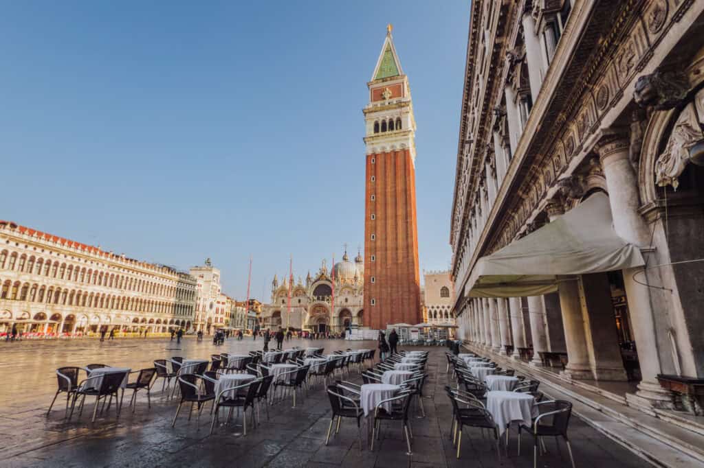 During winter in Venice, you can still enjoy outdoor cafes in Piazza San Marco