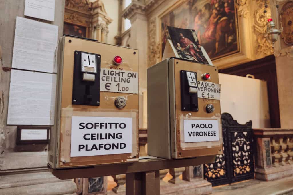 You can pay to illuminate the largest canvas painting in the world, on the ceiling of this church in Venice