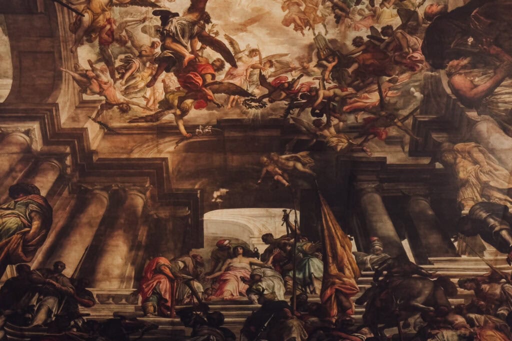 The canvas painted ceiling at San Pantalon Church in Venice Italy