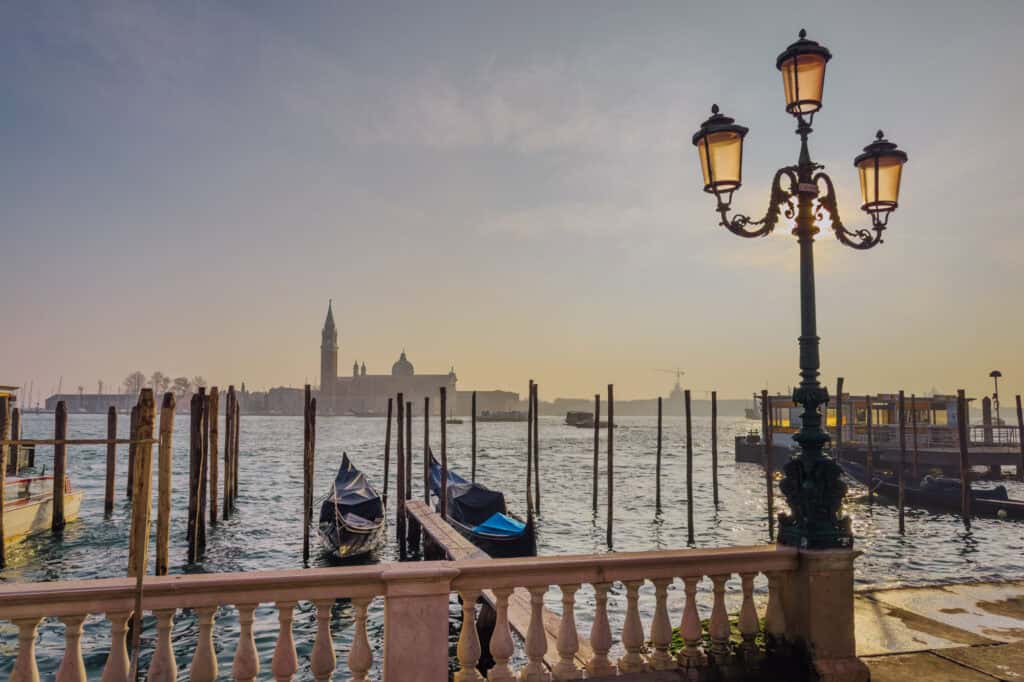 Gondolas floating in Venice in winter