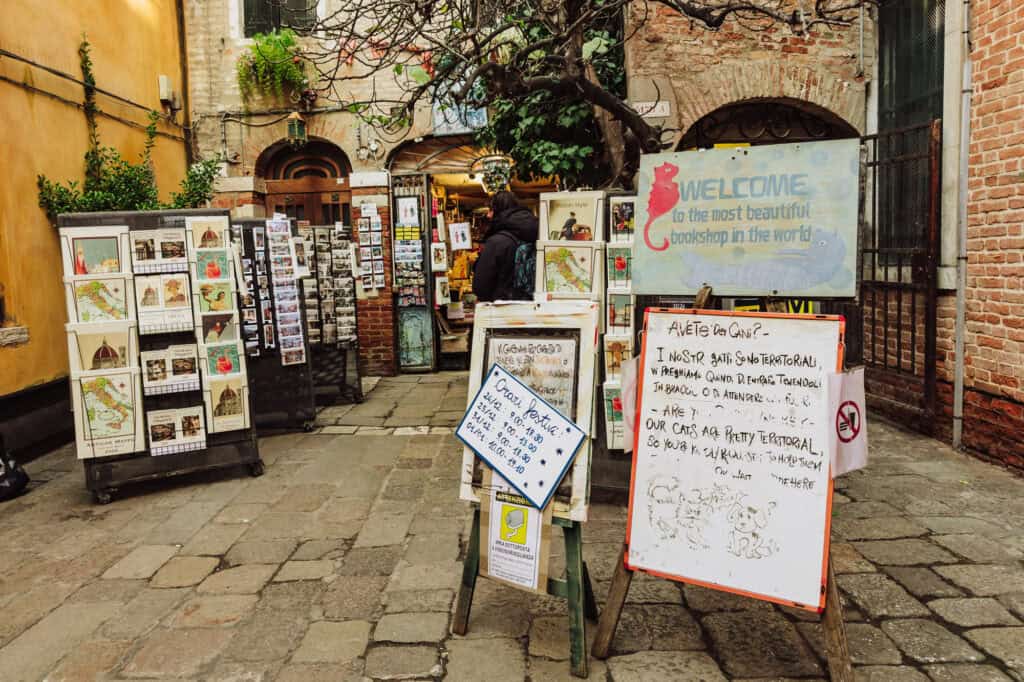 The entrance to Acqua Alta, the famous bookstore in Venice, Italy