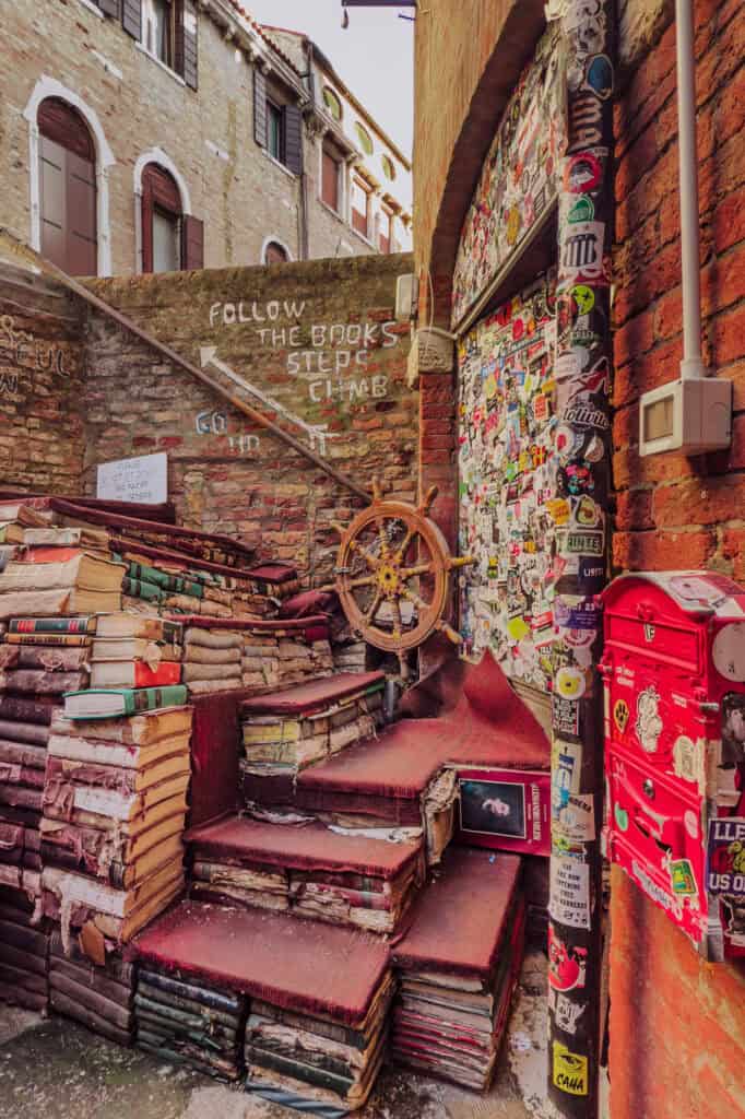 The book staircase at Acqua Alta bookstore in Venice