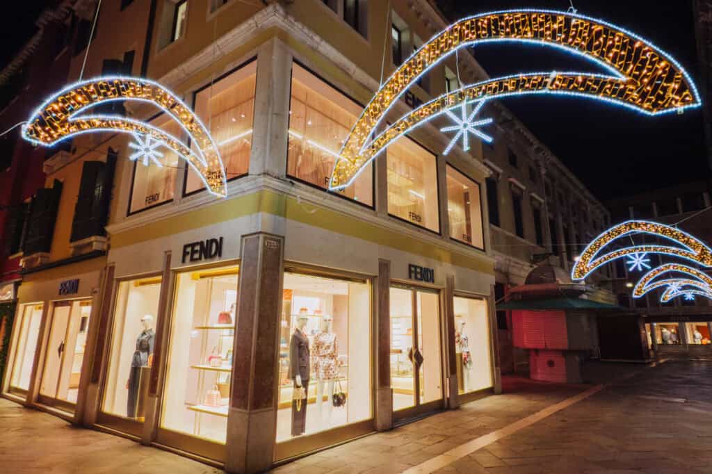Christmas lights in Venice line the streets