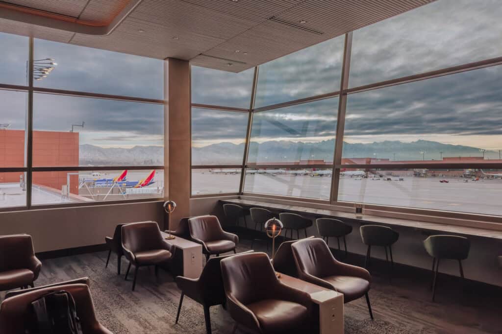 The view out the windows at the Delta lounge in SLC