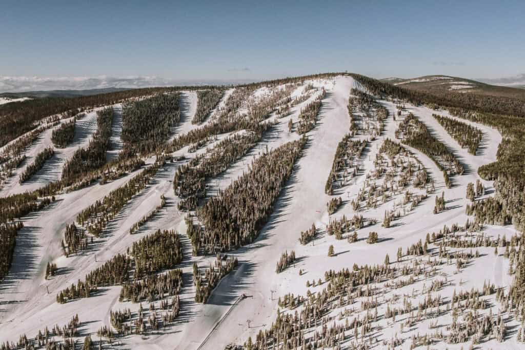 An aerial drone view of Showdown Montana's slopes