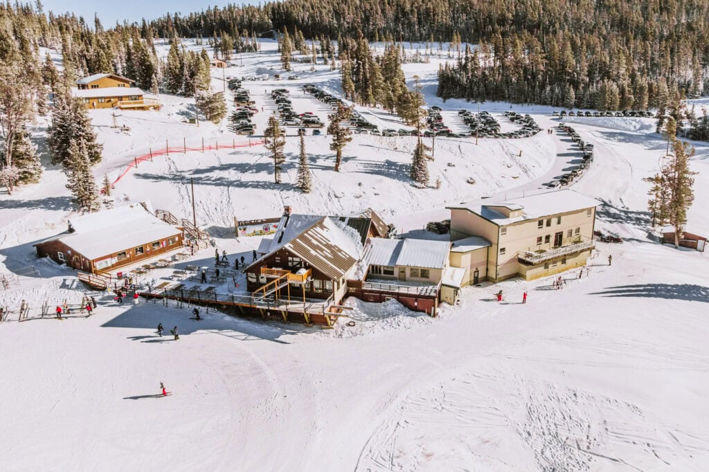An aerial drone view of the Showdown lodge