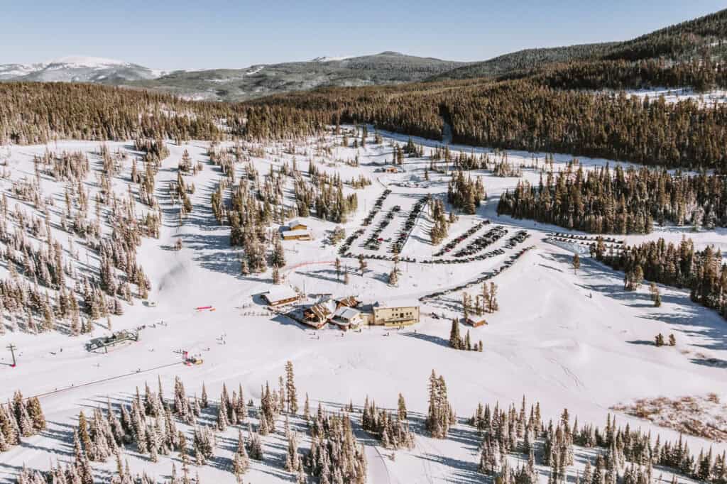 An aerial view of the Little Belt Mountains and the Showdown Lodge