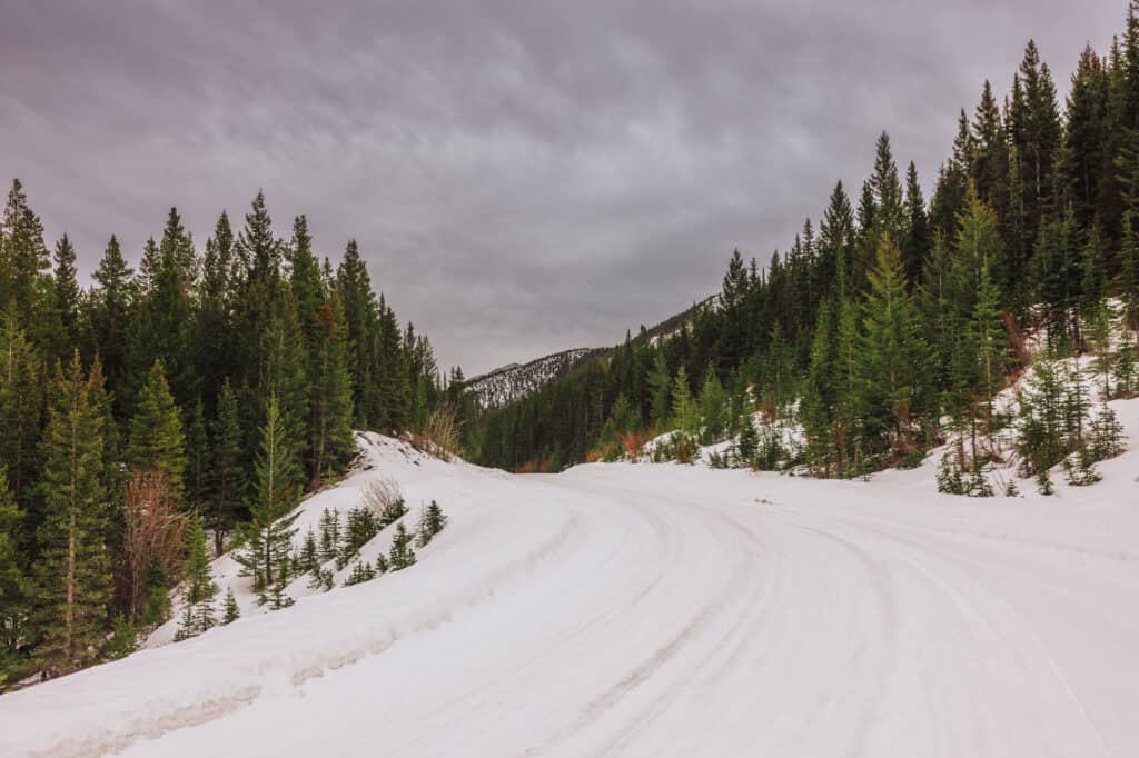 Snow covered USFS road from Choteau to Teton Pass
