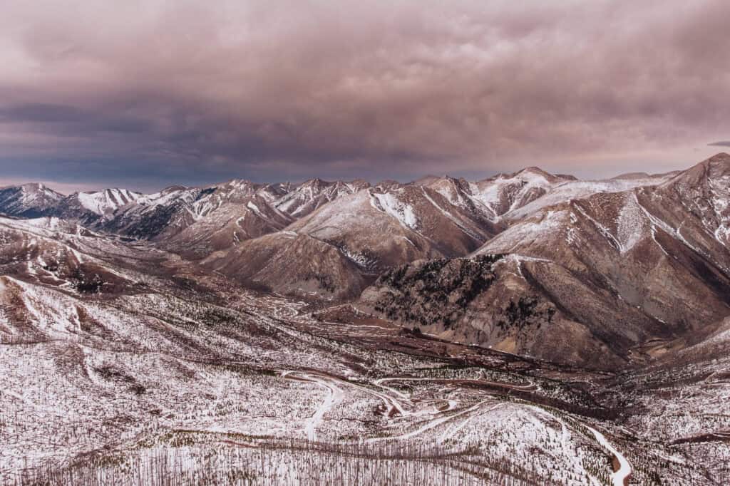 An aerial drone view of winter in the Bob Marshall Wilderness near Choteau, Montana