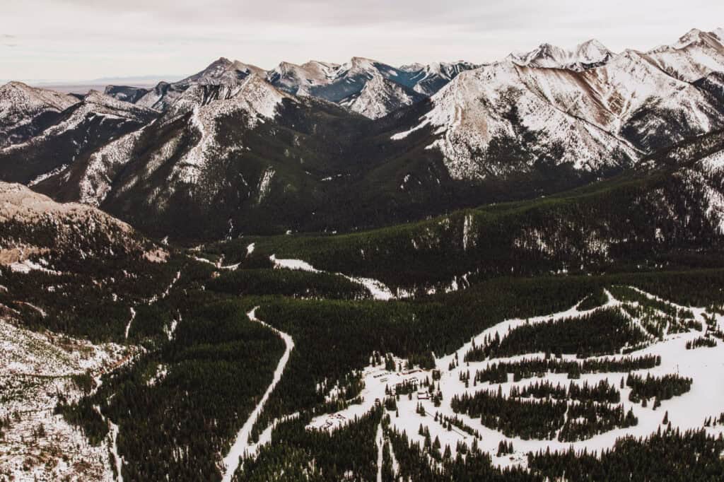 An aerial drone view of the Lewis and Clark National Forest in Montana on the Rocky Mountain Front