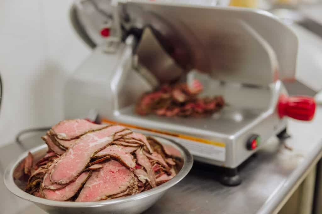 Slicing Santa Maria style beef at Woody's Butcher Block