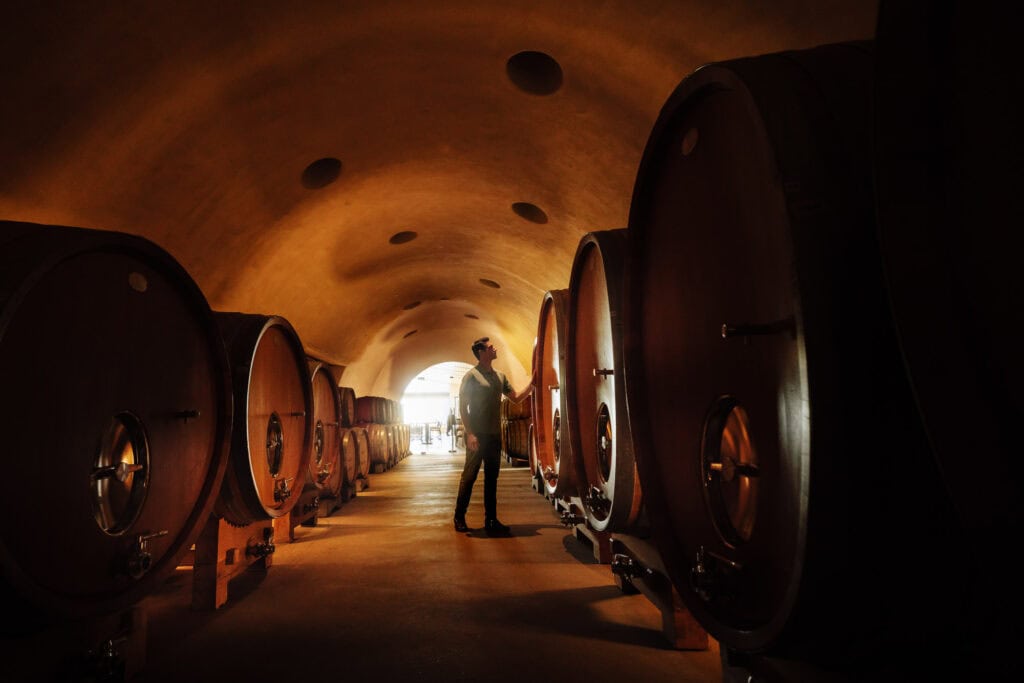 Jared Dillingham in the wine cave at Presqu'ile Winery in Santa Maria, California