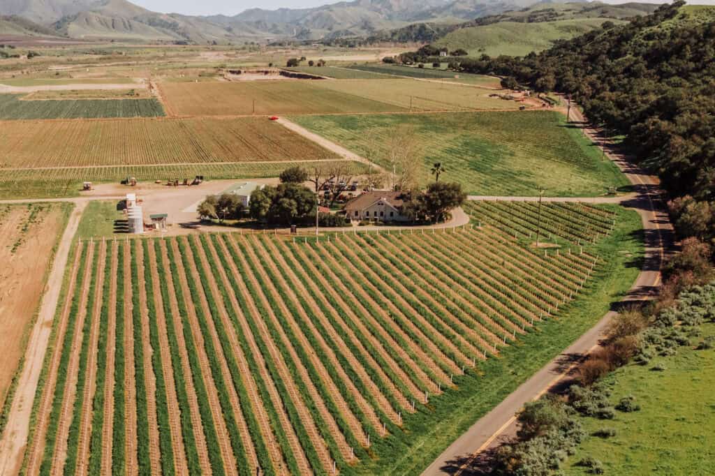 An aerial drone view of Riverbench Winery