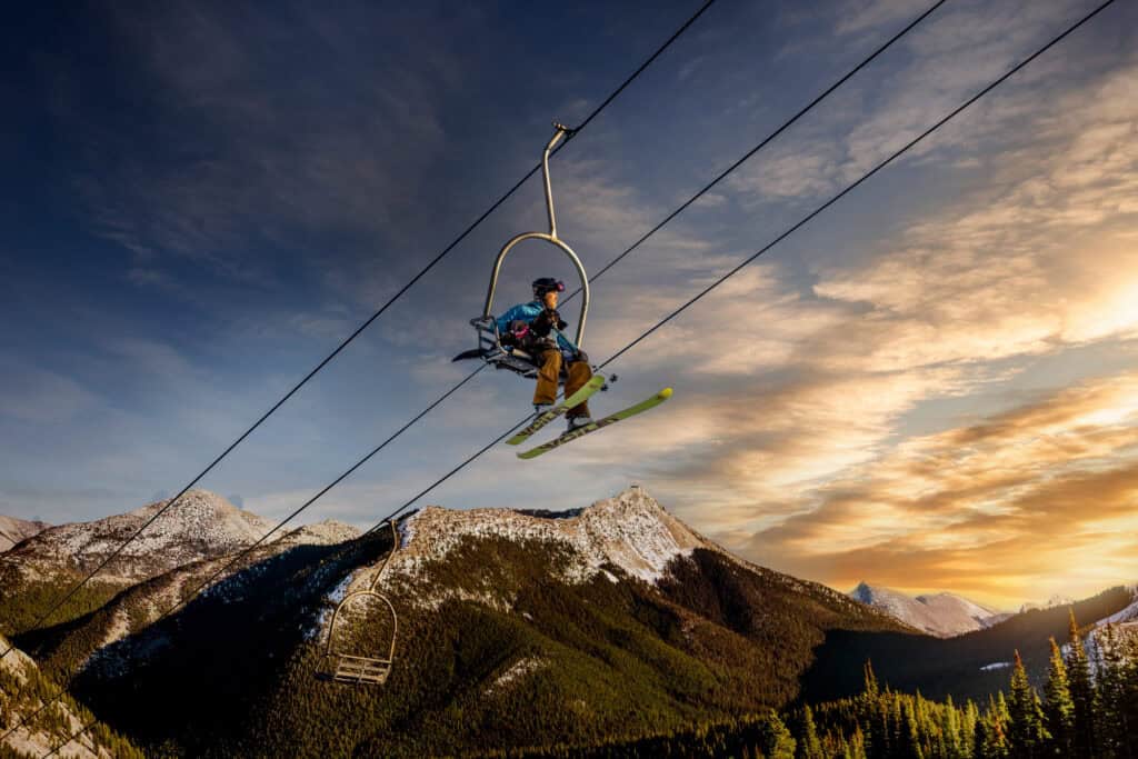 Going up the lift at Teton Pass at sunset along the Rocky Mountain Front