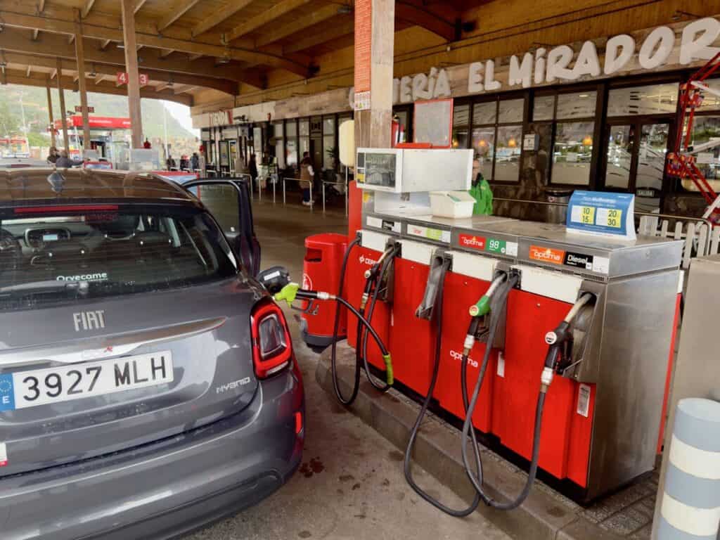 Filling up a rental car while driving on the Canary Islands (Tenerife)