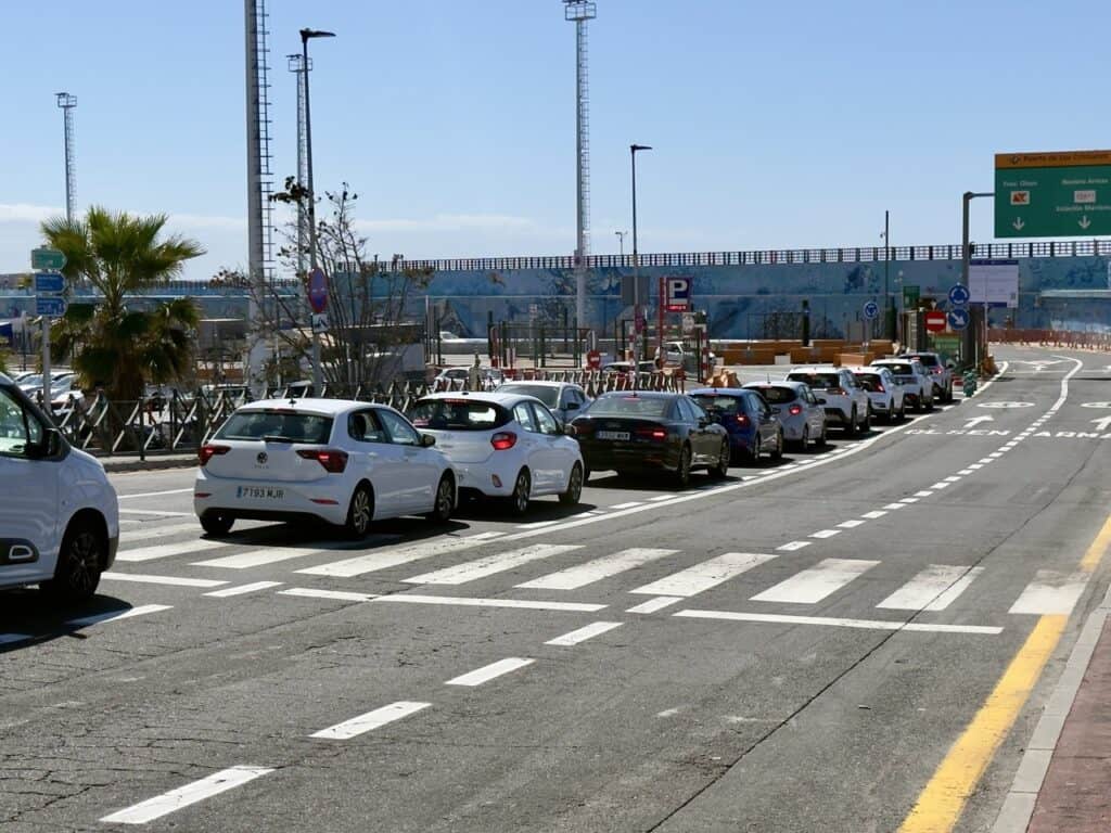 The line of cars waiting to park at the ferry parking lot