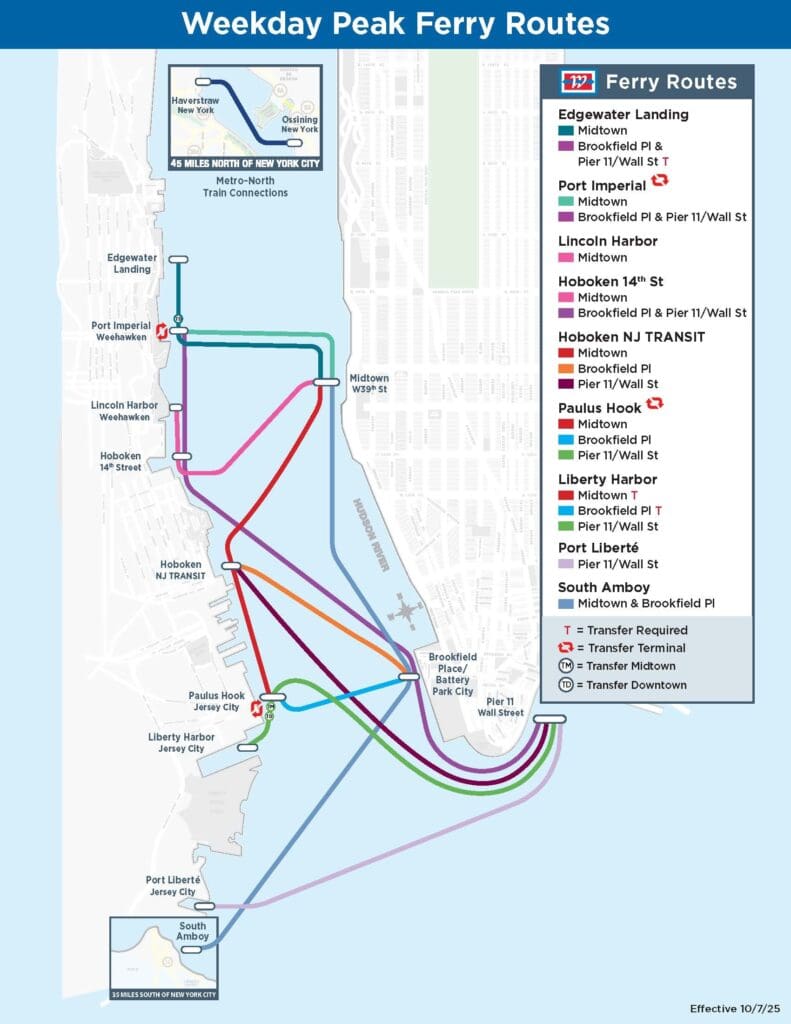 Ferry map between Hoboken and Manhattan
