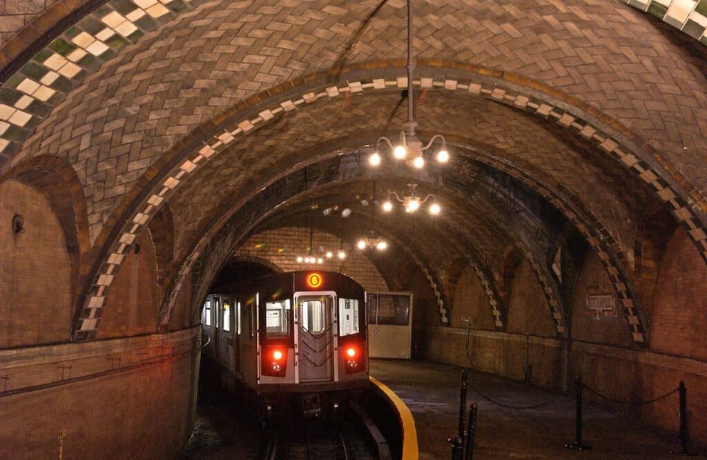 A subway train in the Old City Hall subway station in NYC