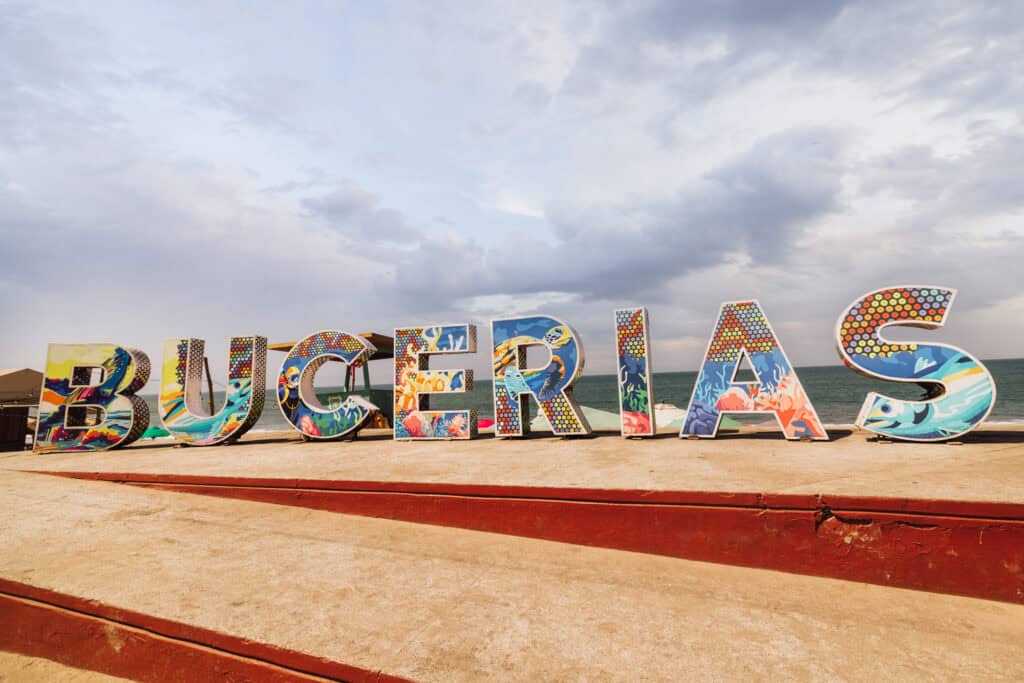 The Bucerias sign on the beach in Mexico