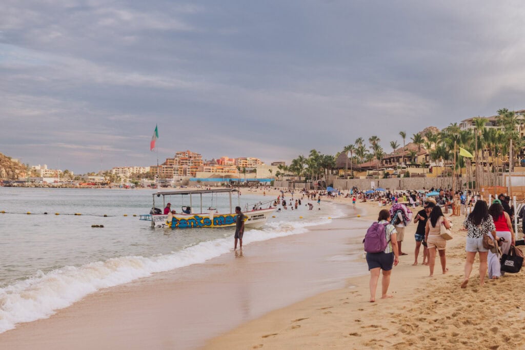 A crowded beach in Cabo San Lucas Mexico