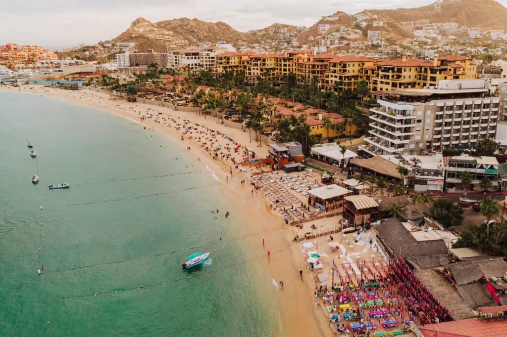 An aerial drone view of the Sea of Cortez and beach off Cabo San Lucas Mexico