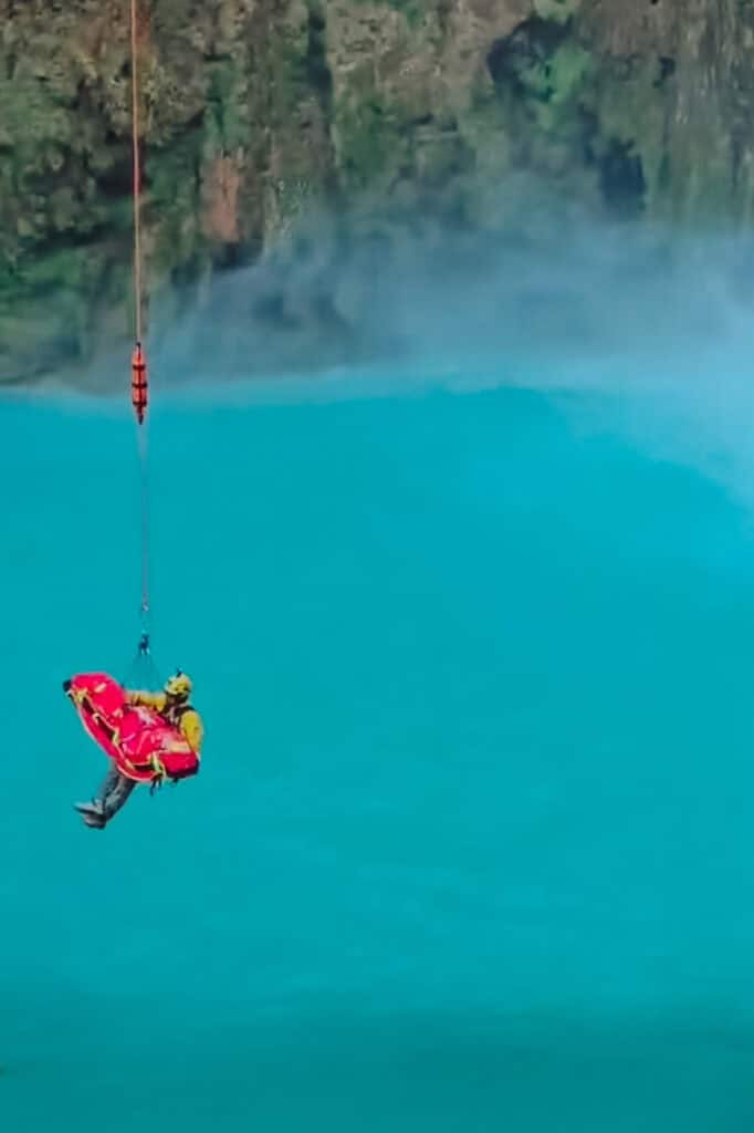 A helicopter rescue at Mooney Falls