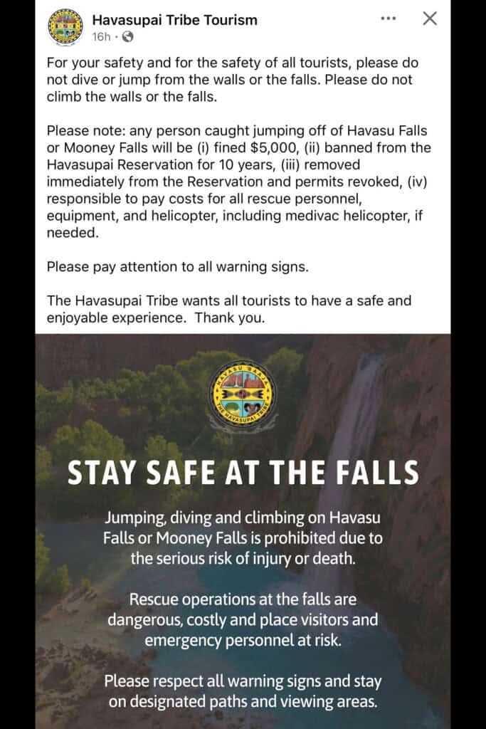 The fine for jumping off Havasu or Mooney Falls