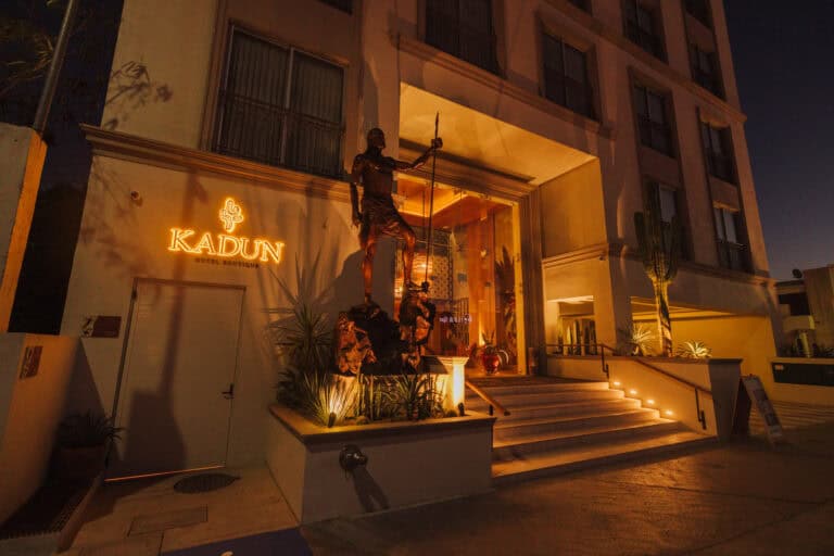 The exterior of Kadune Hotel Boutique, lit up at night