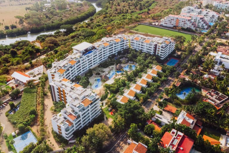 An aerial drone view of Marival Distinct, an all inclusive resort in Nuevo Nayarit Mexico