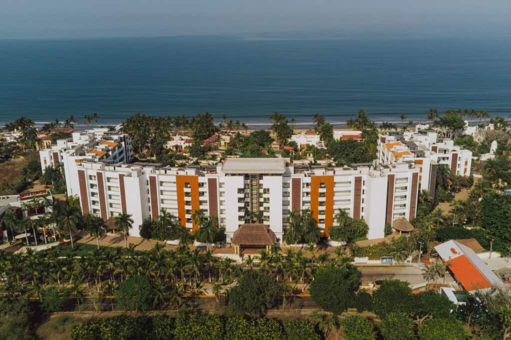 An aerial drone view of Marival Distinct, an all-inclusive resort in Nuevo Nayarit, north of Puerto Vallarta, Mexico