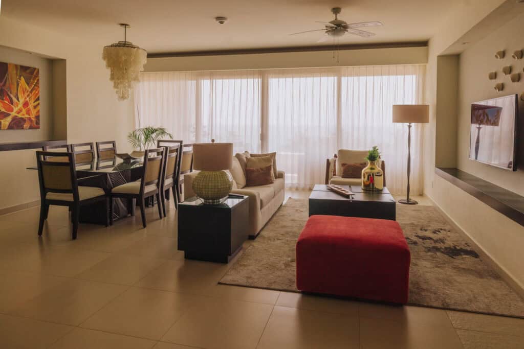A living room in one of the suites at Marival Distinct Resort in Mexico