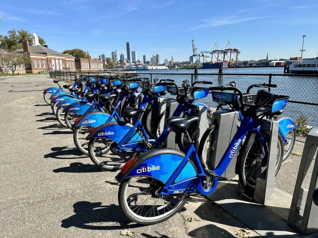 Ride a Citi Bike around Governors Island to see the Manhattan skyline