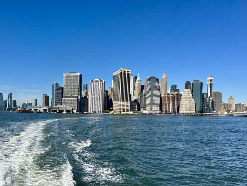 Manhattan skyline view from the ferry to Governors Island