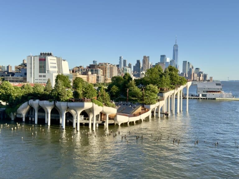 A view of Little Island and Lower Manhattan from the Pier 57 rooftop in NYC