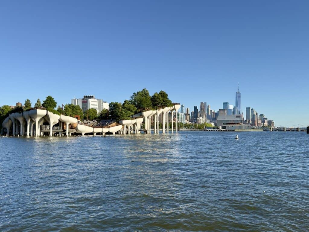 The Hudson River, Little Island, One World Trade, and lower Manhattan in NYC