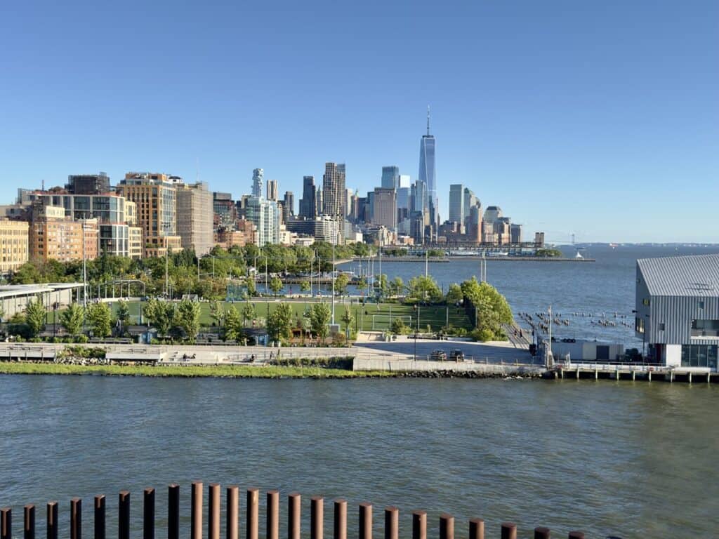 A view from Little Island of Lower Manhattan in New York City