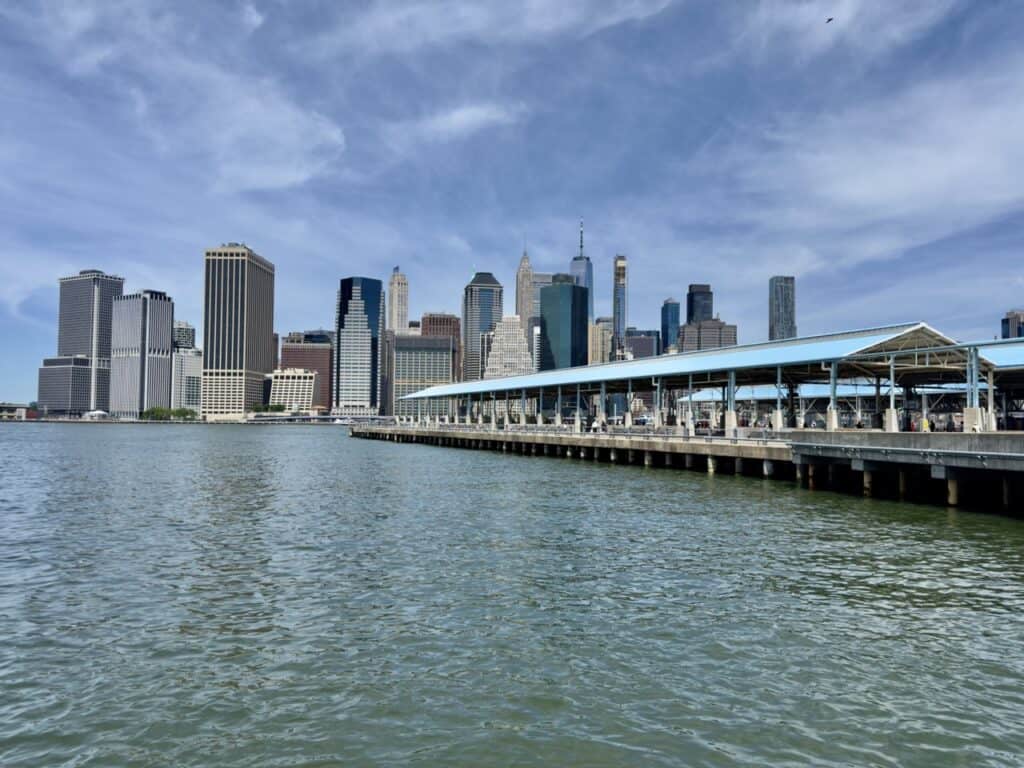 One of the piers in Brooklyn, looking out into the East River with the Manhattan skyline